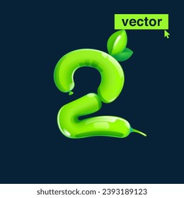 2 logo. Number two made of twisted balloons. Eco-friendly realistic 3D render with green leaves. Vector elements in cartoon style. Perfect for nature banner, healthy food labels, garden, and grass.