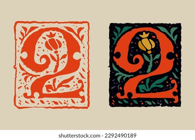 2 logo. Number two medieval grunge gothic initial. 16th century engraved drop cap. Blackletter style vintage font. Middle Ages capital icon with floral ornament. Vector square shaped calligraphy.