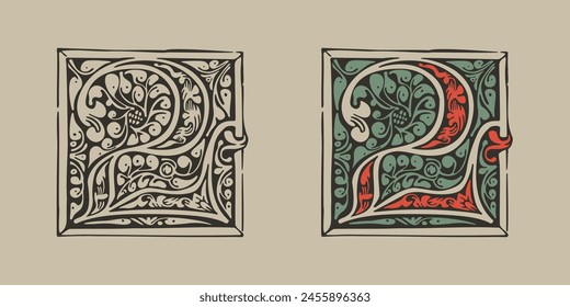 2 logotipo. Número dos inicial gótico medieval iluminado por adornos de follaje. Gorra alemana grabada. Emblema pintado a mano de la Edad Oscura. Fuente clásica de Latina basada en el manuscrito de adorno del siglo XV.