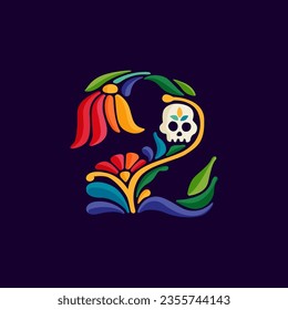 2 logotipo. Número dos con un patrón mexicano colorido y ornamentado étnico. Las hojas tradicionales aztecas y las flores adornan el bordado. Diseño vectorial para la comida folclórica española, vacaciones, carnaval y fiesta.