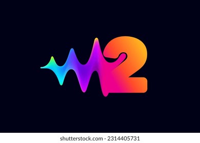 2 logotipo. Logotipo número dos con elemento reproductor de música de pulso. Línea de flujo de ondas acústicas vibrantes y efecto de destellos. Icono de degradado de neón. Vector para tienda de tecnología, música electrónica, ecualizador de audio, afiches de DJ.