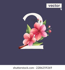 2 logo. Number two with Sakura blooming flowers. Vector realistic watercolor style. Pink cherry petals, bud, branch, and green leaves. Perfect for wedding invitations, Mother's Day greeting cards.