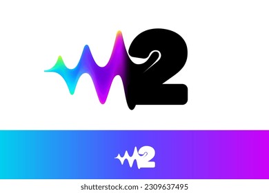 2 logo. Number two with sound wave flow. Vibrant line glitch effect. Multicolor neon gradient icon. Vector font for audio label, multimedia advertising, DJ posters, game screens, music identity.