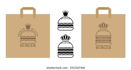 2 logos to be printed on paper bags to promote quality burgers - the king of burgers with his crown. 