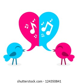 2 love bird with speech bubble in shape of heart. Vector illustration.