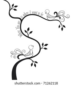 2 love birds in a tree with text