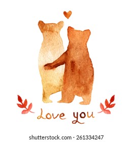 2 lovely brown bears in love. Watercolor greeting card template. Cute background for wedding invitation. Watercolor Illustration with bears and text love you.  hand drawn texture for DIY project.