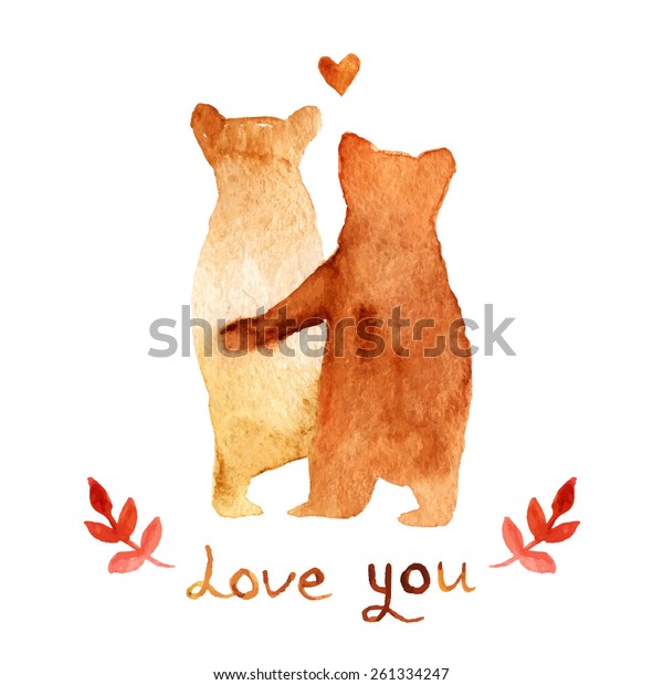 2匹の愛らしい茶色の熊が恋をしています 水彩のグリーティングカードテンプレート 結婚式の招待のかわいい背景 クマとテキストを含む水彩イラストは あなたを愛しています Diyプロジェクト用の手描きのテクスチャ のベクター画像素材 ロイヤリティフリー