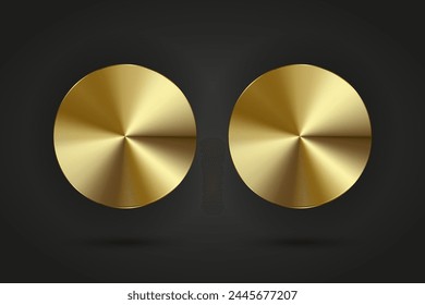 2 Luxury gold circle realistic metal button button vector infographic design. Two golden buttons on isolated dark gradient background