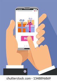 2 male Hands in suit holding smartphone with gift boxes on the screen. Finger touch the buy button. Holiday online shopping concept. Online Shop Marketplace. Vector cartoon flat illustration.