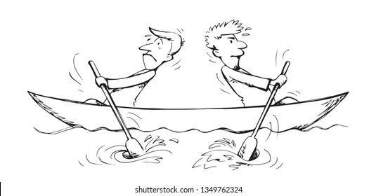 2 male office boss couple travel swim labor ocean sea water kayak canoe vessel ship white text space background. Comic hand drawn art sketch icon wrong vain rower group woman together job action idea