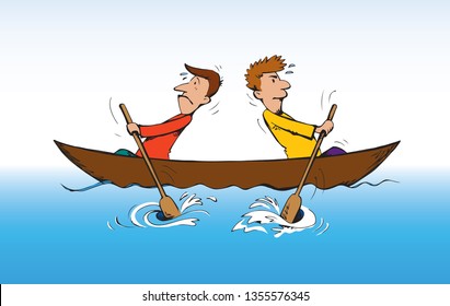 2 male office boss couple travel swim labor ocean sea water kayak canoe vessel ship white text space background. Comic hand drawn art sketch icon wrong vain rower group woman together job action idea