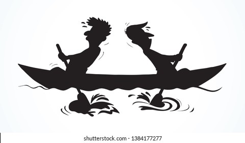 2 male office boss couple travel swim labor ocean sea water kayak canoe vessel ship white text space background. Comic hand drawn art sketch icon wrong vain rower group woman together job action idea