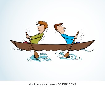 2 male office boss couple travel swim labor ocean sea water kayak canoe vessel ship white text space background. Comic hand drawn art sketch icon wrong vain rower group woman together job action idea