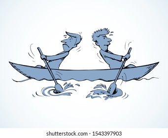 2 male office boss couple travel swim labor ocean sea water kayak canoe vessel ship white text space background. Comic hand drawn art sketch icon wrong vain rower group woman together job action idea