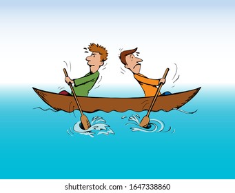 2 male office boss couple travel swim labor ocean sea water kayak canoe vessel ship white text space background. Comic hand drawn art sketch icon wrong vain rower group woman together job action idea