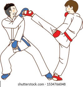 2 man fight Karate with blue and red belt.