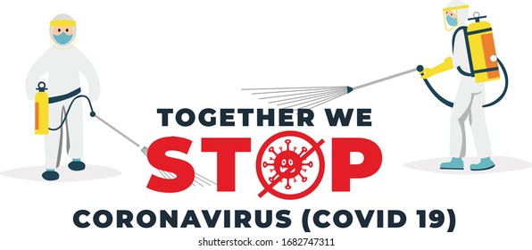 2 Man in Hazmat suit and disinfecting coronavirus cells epidemic mers-CoV virus disinfect protection. Corona virus pandemic health risk. Together we stop covid 19 campaign.