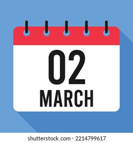 2 March Calendar.  Blue Background. 
Vector Calendar.