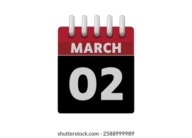 2 March calendar icon text page monthly web design on red, black and white background vector, icon, or illustration with the month of March 2