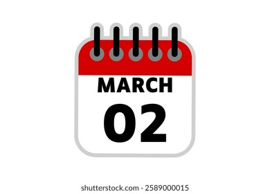 2 March calendar icon text page monthly web design on red, black and white background vector, icon, or illustration with the month of March 2