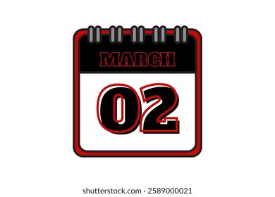 2 March calendar icon text page monthly web design on red, black and white background vector, icon, or illustration with the month of March 2