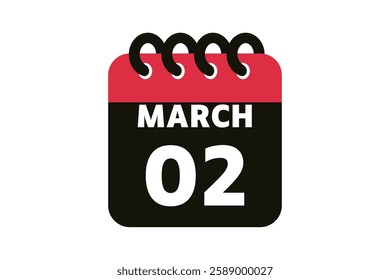 2 March calendar icon text page monthly web design on red, black and white background vector, icon, or illustration with the month of March 2