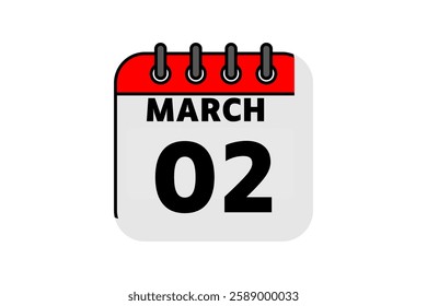 2 March calendar icon text page monthly web design on red, black and white background vector, icon, or illustration with the month of March 2