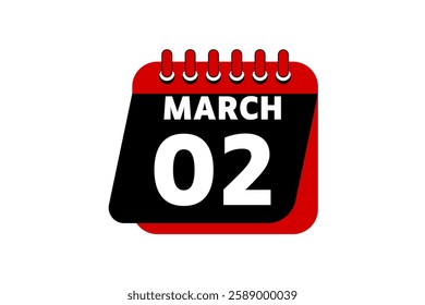 2 March calendar icon text page monthly web design on red, black and white background vector, icon, or illustration with the month of March 2