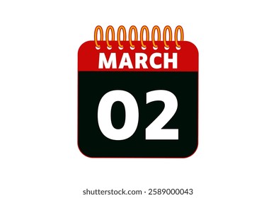 2 March calendar icon text page monthly web design on red, black and white background vector, icon, or illustration with the month of March 2