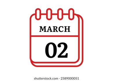 2 March calendar icon text page monthly web design on red, black and white background vector, icon, or illustration with the month of March 2