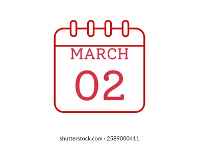 2 March calendar icon text page monthly web design on red and white background vector, icon, or illustration with the month of March 2