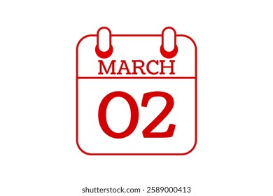 2 March calendar icon text page monthly web design on red and white background vector, icon, or illustration with the month of March 2