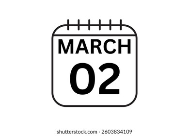 2 March calendar icon text page monthly web design on black and white background vector, icon, or illustration with the month of March 2