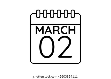 2 March calendar icon text page monthly web design on black and white background vector, icon, or illustration with the month of March 2