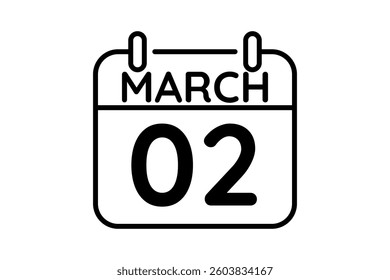 2 March calendar icon text page monthly web design on black and white background vector, icon, or illustration with the month of March 2