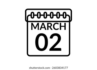 2 March calendar icon text page monthly web design on black and white background vector, icon, or illustration with the month of March 2