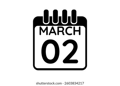 2 March calendar icon text page monthly web design on black and white background vector, icon, or illustration with the month of March 2