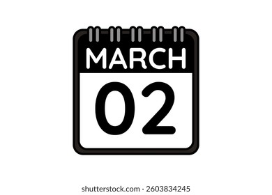 2 March calendar icon text page monthly web design on black and white background vector, icon, or illustration with the month of March 2