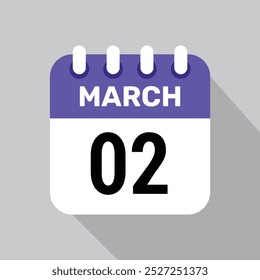 2 march calendar icon vector with date background. Vector schedule symbol.