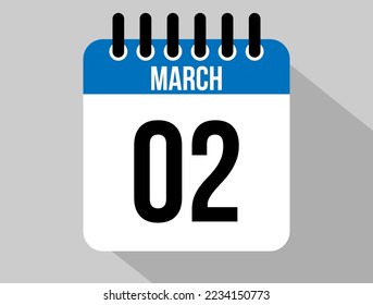 2 March calendar vector icon. Blue March date for the days of the month and the week on a light background