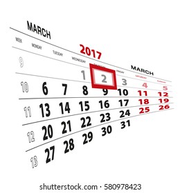 2 March highlighted on calendar 2017. Week starts from Monday. Vector Illustration.
