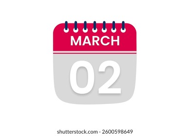 2 March month single day vector, illustration, calendar with red, off white and white color background calendar March 2