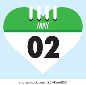 2 May calendar icon green heart shape on light sky blue color background, calendar vector symbol for the month of May.