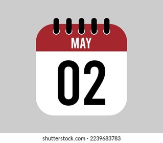 2 May calendar icon. Red calendar page vector for May days and weeks