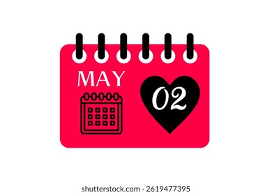 2 may month single day vector, illustration, calendar with red, black and white color background calendar icon of may 2