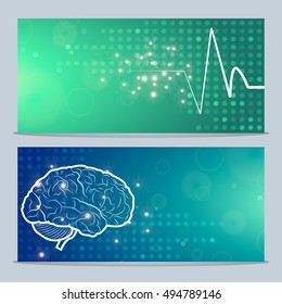 2 Medical Banners,Neurology Anatomical Conception,Vector Illustration.Brain And Cerebellum Blue Dotted Background W Synapse Lights,Pulse On Green Dotted Background.Cerebral Anatomical Neurology Logo