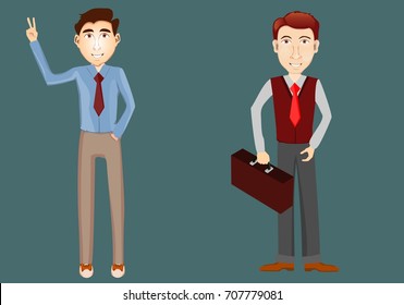 2 men in business style vector illustration. Smiling  man one of them  with suitcase.