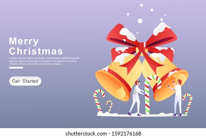 2 men celebrated Christmas by decorating the concept of bells, ribbons, candy and snowfall with happy. for landing page, banner, apps, website, frame, ux, vintage. Flat cartoon vector illustration