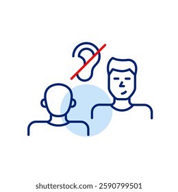 2 men in conversation or interview and crossed out ear. No eavesdropping, confidential information shared. Hearing-impaired or deaf people assisted workplace or romantic date. Pixel perfect, editable 